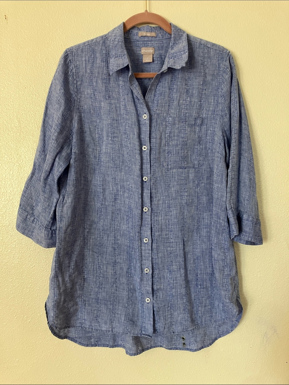 Chico's Blue Linen Coastal Button Down Top, L